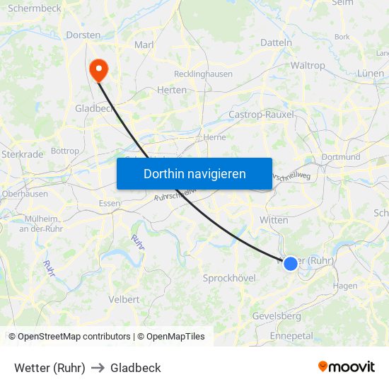 Wetter (Ruhr) to Gladbeck map