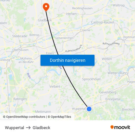 Wuppertal to Gladbeck map