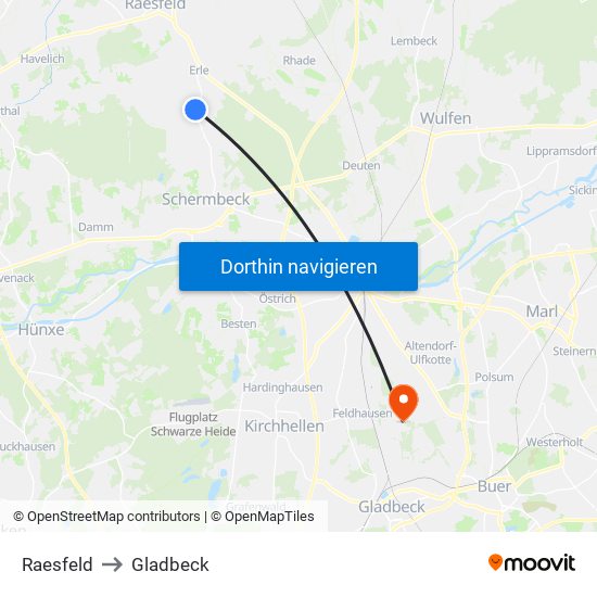 Raesfeld to Gladbeck map