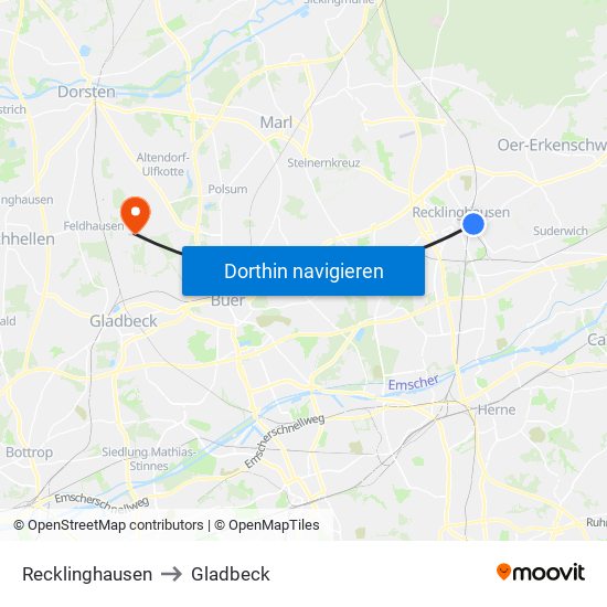 Recklinghausen to Gladbeck map