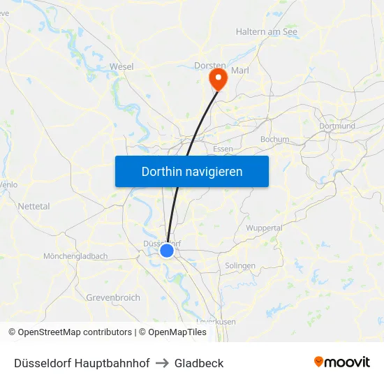 Düsseldorf Hauptbahnhof to Gladbeck map