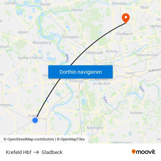 Krefeld Hbf to Gladbeck map