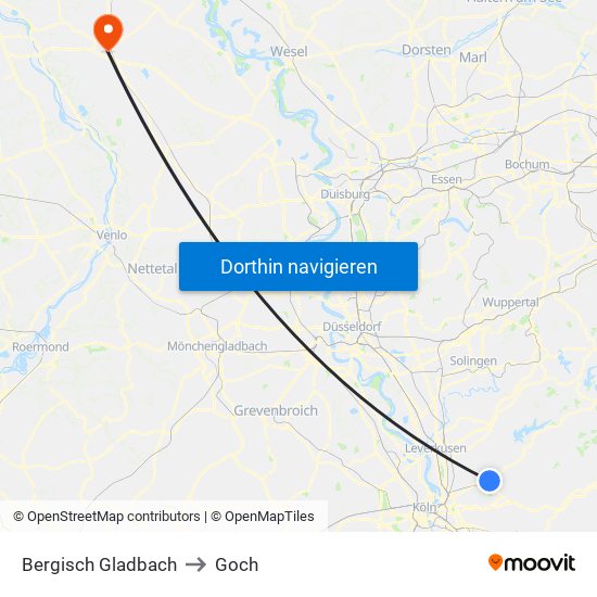 Bergisch Gladbach to Goch map