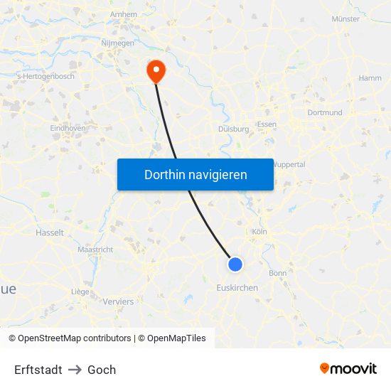 Erftstadt to Goch map