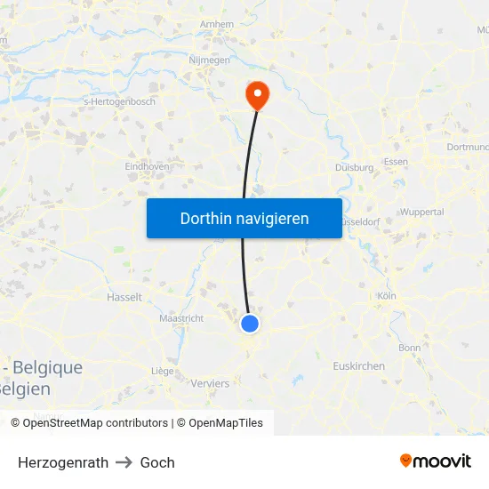 Herzogenrath to Goch map