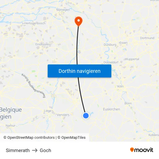 Simmerath to Goch map