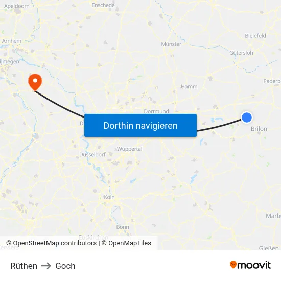 Rüthen to Goch map
