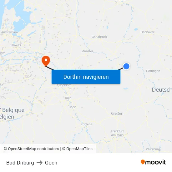 Bad Driburg to Goch map