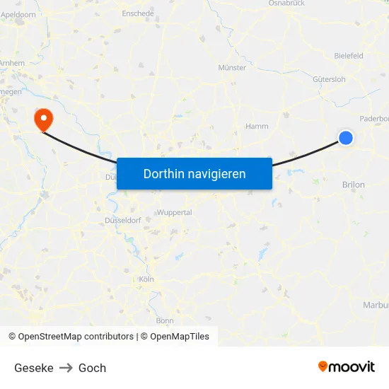 Geseke to Goch map