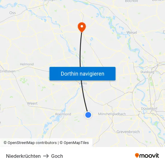 Niederkrüchten to Goch map