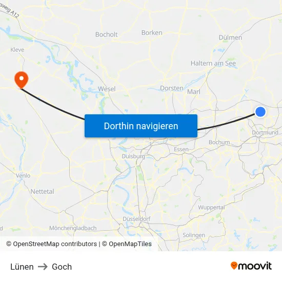Lünen to Goch map