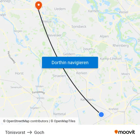 Tönisvorst to Goch map