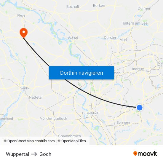 Wuppertal to Goch map