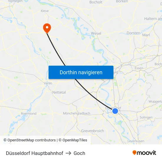 Düsseldorf Hauptbahnhof to Goch map