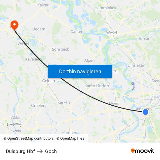 Duisburg Hbf to Goch map