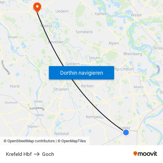 Krefeld Hbf to Goch map