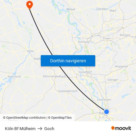 Köln Bf Mülheim to Goch map