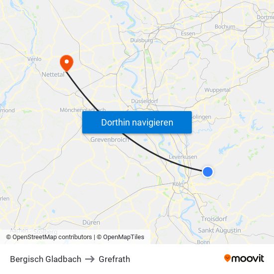 Bergisch Gladbach to Grefrath map