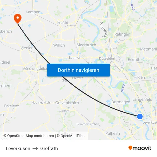 Leverkusen to Grefrath map
