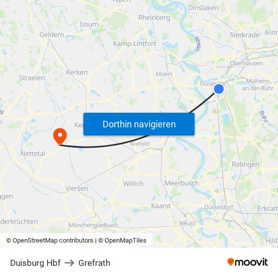 Duisburg Hbf to Grefrath map