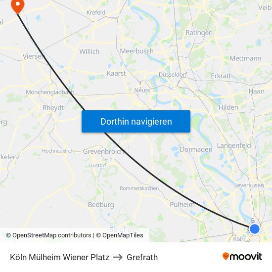 Köln Mülheim Wiener Platz to Grefrath map