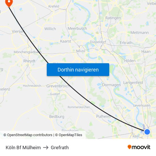 Köln Bf Mülheim to Grefrath map