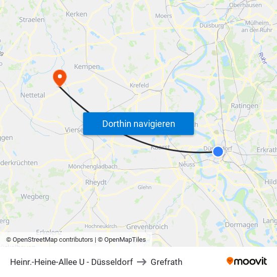 Heinr.-Heine-Allee U - Düsseldorf to Grefrath map