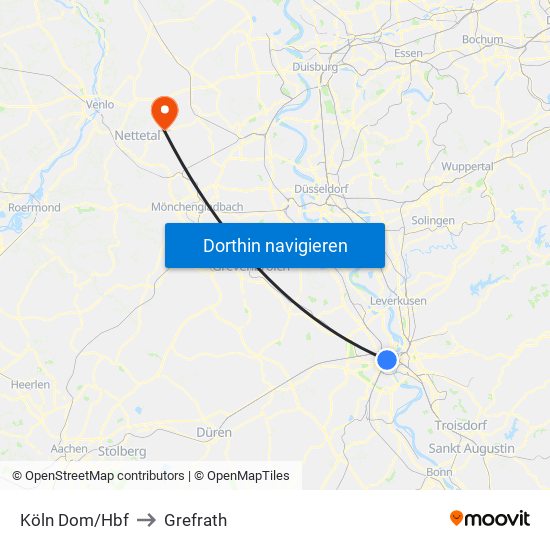 Köln Dom/Hbf to Grefrath map