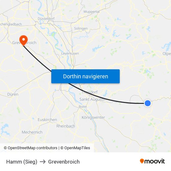 Hamm (Sieg) to Grevenbroich map