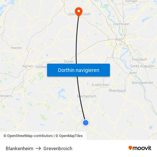 Blankenheim to Grevenbroich map