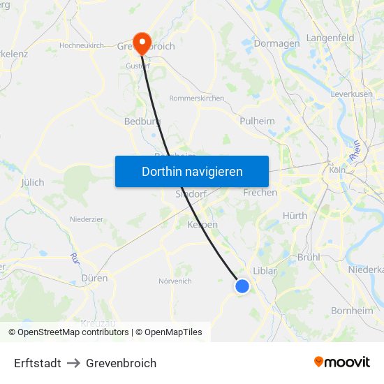 Erftstadt to Grevenbroich map