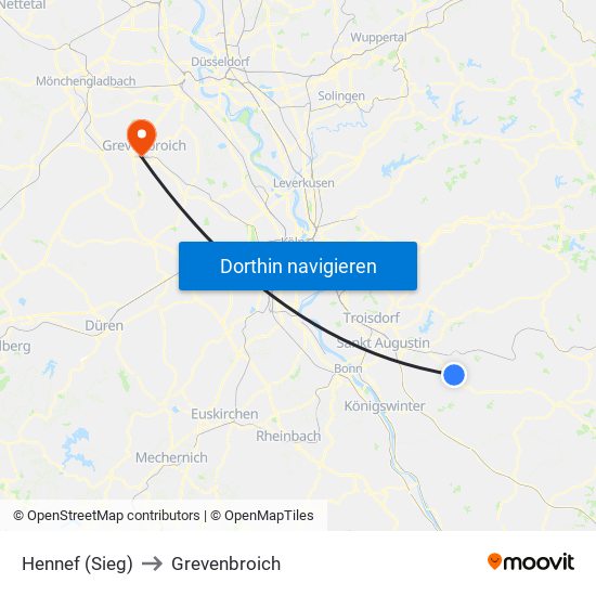 Hennef (Sieg) to Grevenbroich map