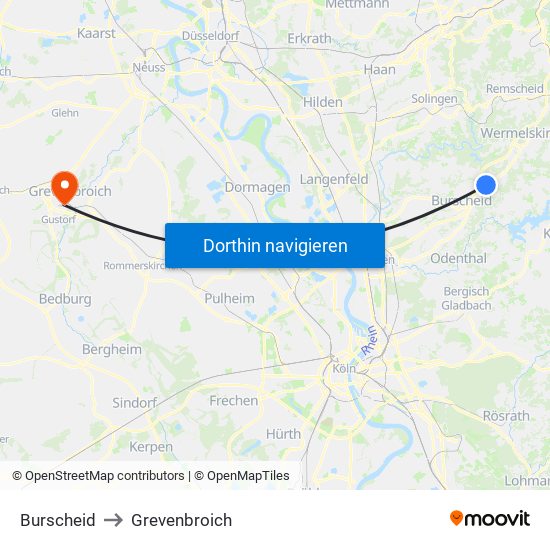 Burscheid to Grevenbroich map