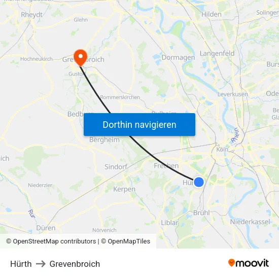 Hürth to Grevenbroich map