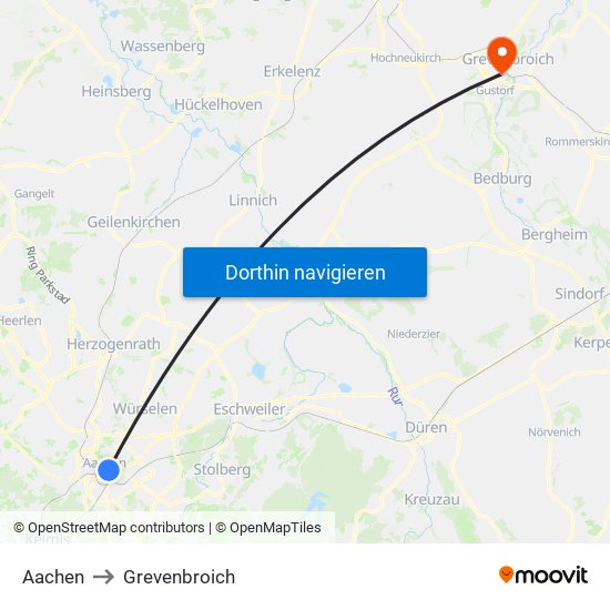 Aachen to Grevenbroich map