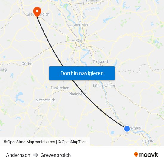 Andernach to Grevenbroich map