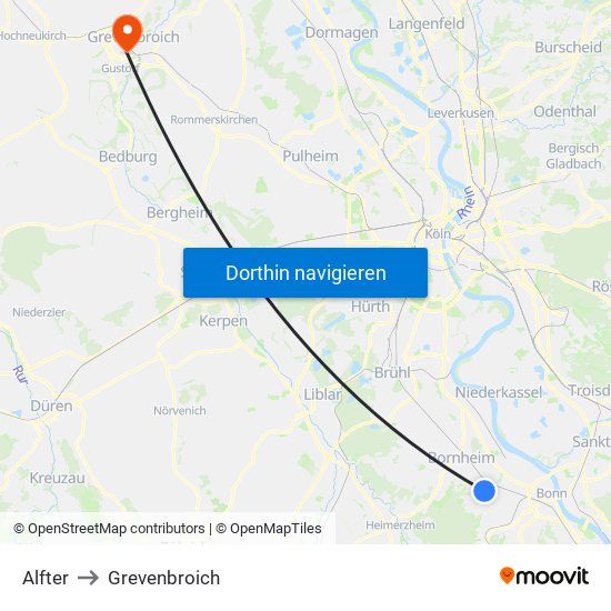 Alfter to Grevenbroich map