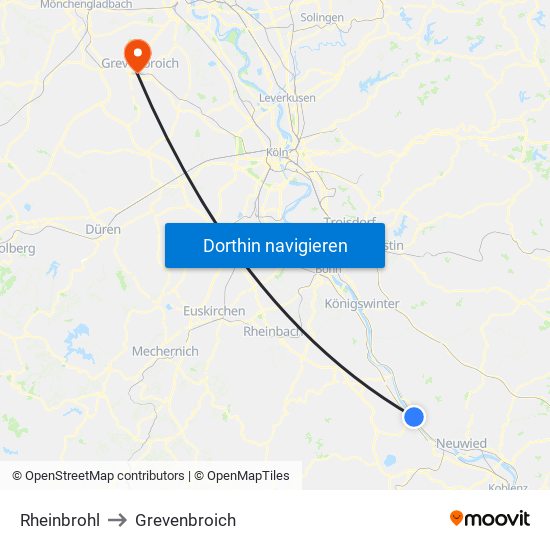 Rheinbrohl to Grevenbroich map