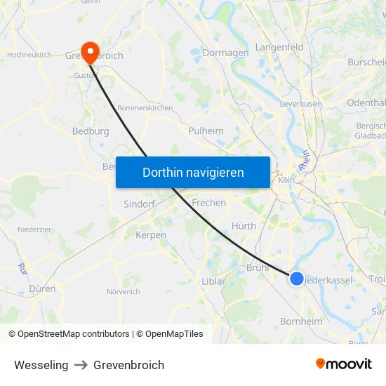 Wesseling to Grevenbroich map