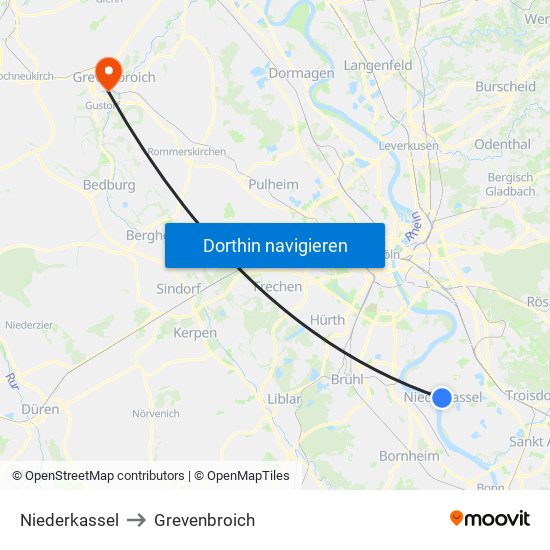 Niederkassel to Grevenbroich map