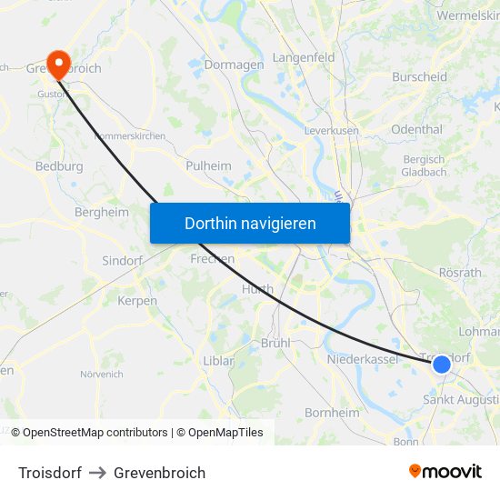 Troisdorf to Grevenbroich map