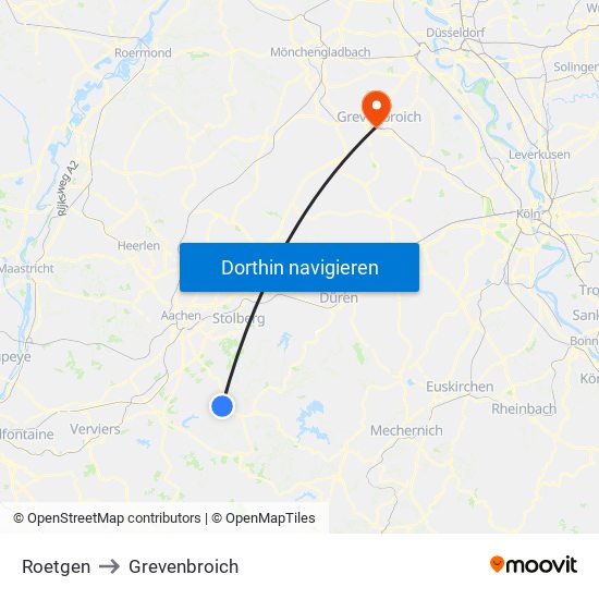 Roetgen to Grevenbroich map