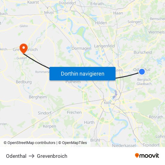 Odenthal to Grevenbroich map