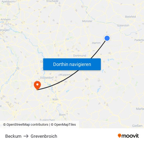 Beckum to Grevenbroich map