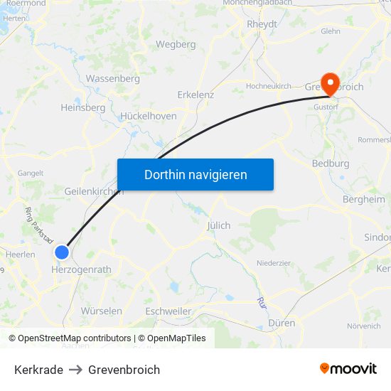 Kerkrade to Grevenbroich map