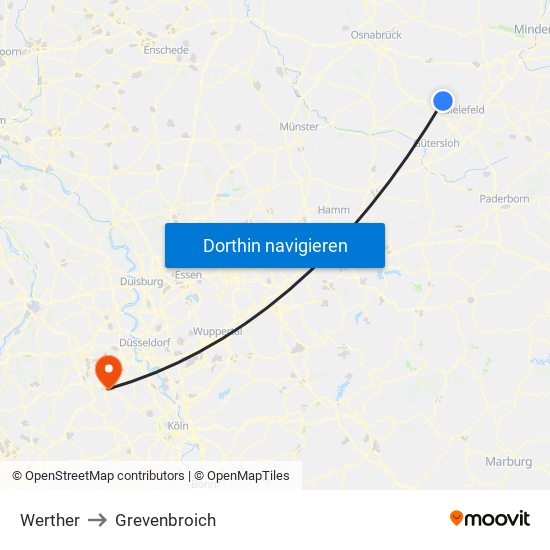 Werther to Grevenbroich map