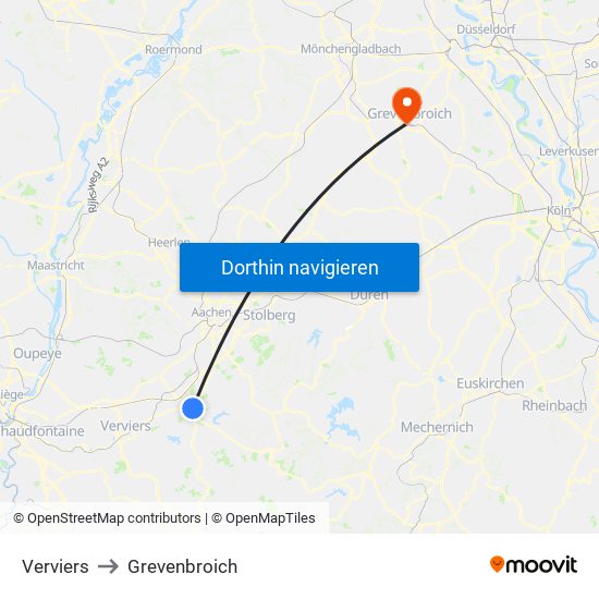 Verviers to Grevenbroich map
