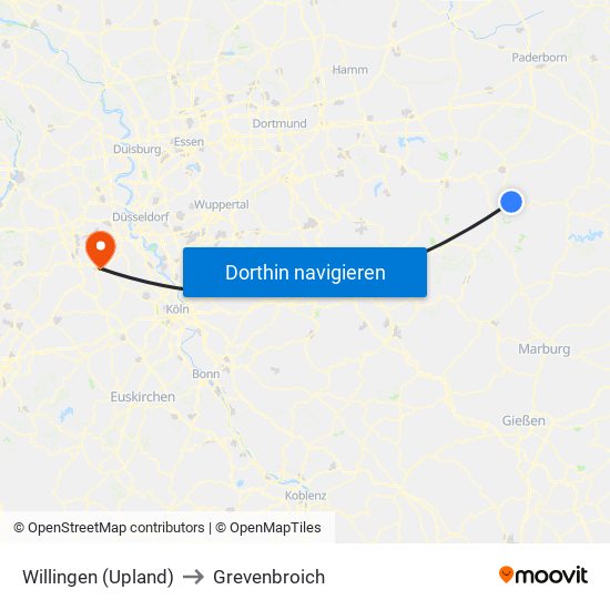 Willingen (Upland) to Grevenbroich map