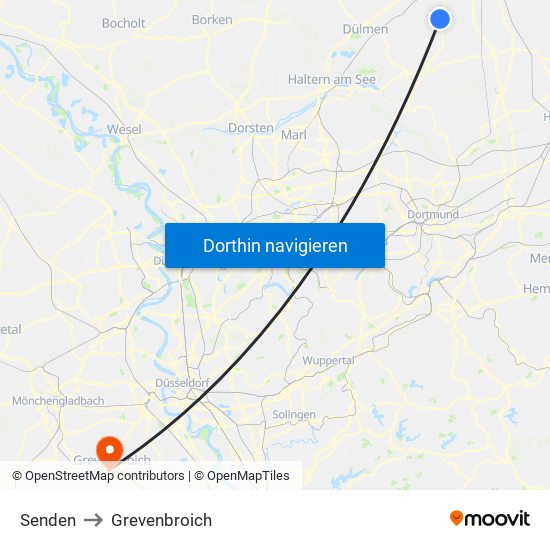 Senden to Grevenbroich map