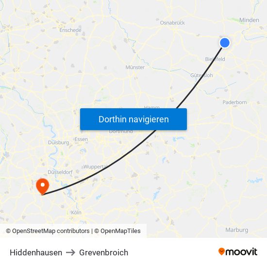 Hiddenhausen to Grevenbroich map